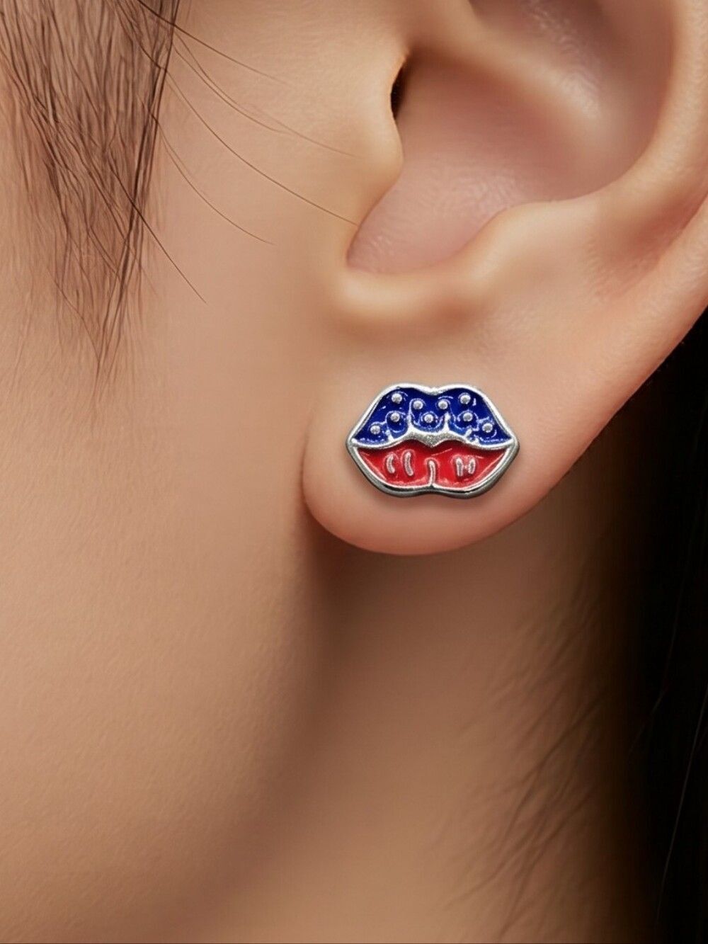Patriotic Lips Stud Earrings American Flag Stud Post Pierced Jewelry Kiss XOXO